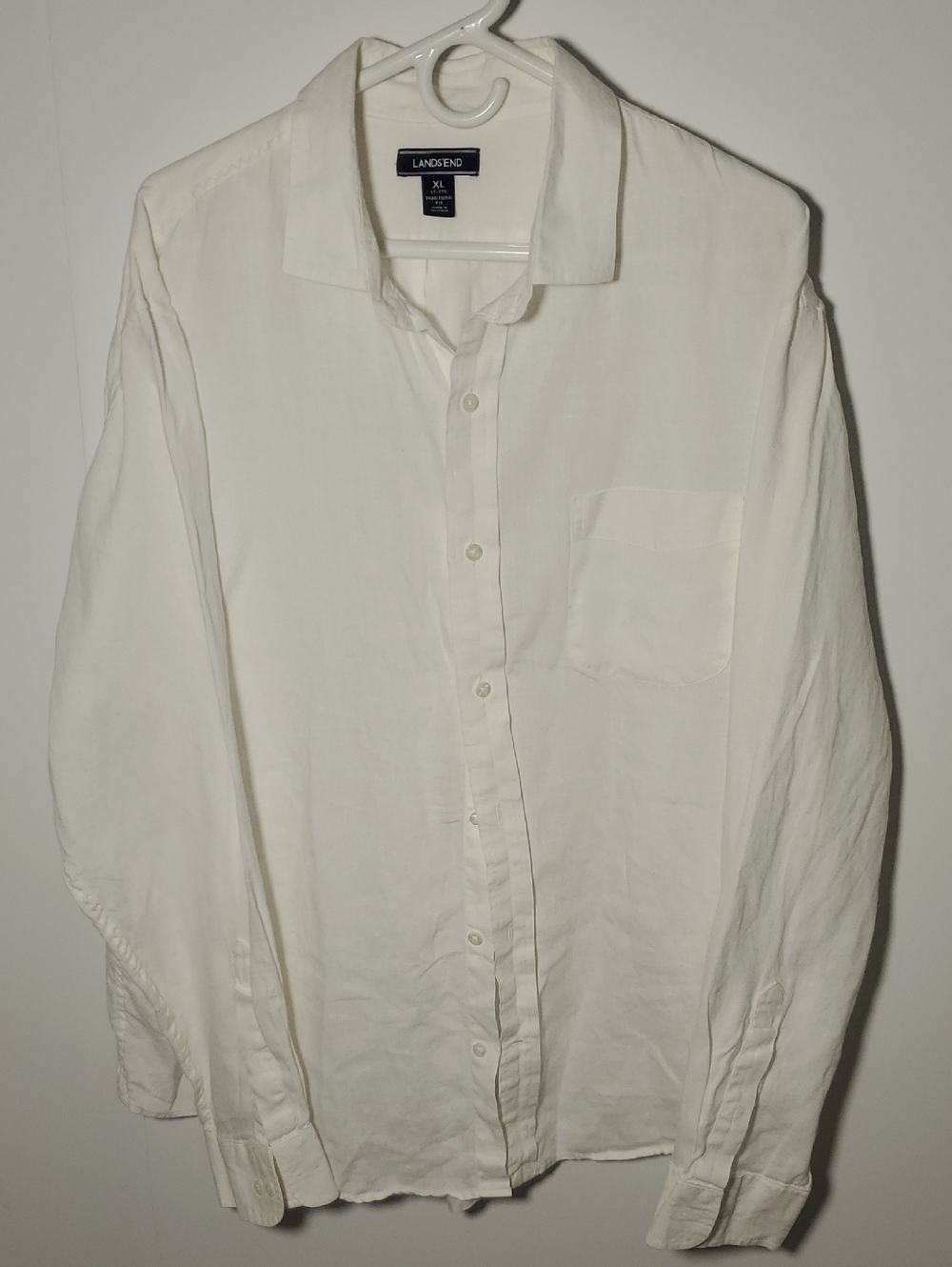 Lands' End Men's White Long-Sleeve Button-Down Linen Shirt Size XL 17-17.5